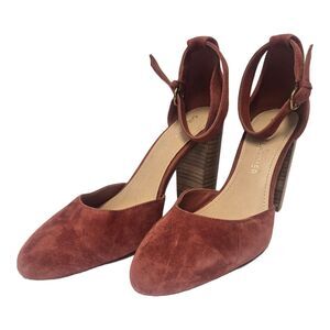 Gibson & Latimer Burnt Org/Maroon Sz 9.5 Ankle Strap Stacked Heels Sheep Leather